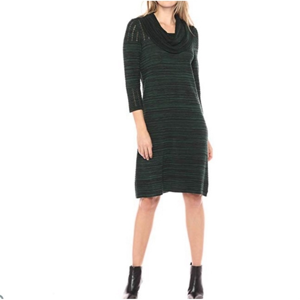 SANDRA DARREN GREEN CABLE COWL NECK SWEATER DRESS SIZE‎ L 3/4 Sleeve Knit Midi